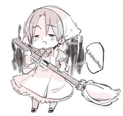 Rule 34 | 1boy, = =, aged down, apron, axis powers hetalia, broom, chibi, child, cioccolatodorima, closed eyes, concealed weapon, crossdressing, frilled apron, frills, head scarf, himaruya hidekazu (style), maid, mary janes, northern italy (hetalia), official style, shaded face, shoes, short sleeves, smile, sparkle, sword, trap, weapon