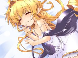 Rule 34 | 1girl, ahoge, bare shoulders, blonde hair, blush, bracelet, closed eyes, collarbone, dress, flat chest, granblue fantasy, harvin, hemogurobin a1c, jewelry, living hair, long hair, lying, melissabelle, on bed, on side, parted lips, pointy ears, sleeping, solo, strap slip, very long hair, white dress