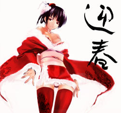 Rule 34 | 1girl, bare shoulders, christmas, japanese clothes, kawagishi keitarou, kimono, new year, original, panties, santa costume, solo, thighhighs, underwear, white panties