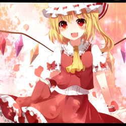 Rule 34 | 1girl, :d, ao ringo, blonde hair, blouse, fang, female focus, flandre scarlet, hat, letterboxed, mob cap, open mouth, red eyes, red wrist cuffs, shirt, smile, solo, touhou, white hat, white shirt, wings, wrist cuffs
