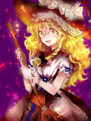 Rule 34 | 1girl, blonde hair, bow, braid, broom, gradient background, hat, hat bow, kirisame marisa, long hair, looking at viewer, open mouth, puffy short sleeves, puffy sleeves, rosette (roze-ko), shirt, short sleeves, single braid, skirt, smile, solo, sparkle, touhou, vest, witch hat, yellow eyes