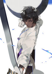 Rule 34 | 1boy, arjuna (fate), bishounen, black hair, bow (weapon), commentary request, dark-skinned male, dark skin, drawing bow, fate/grand order, fate (series), from side, gloves, hair between eyes, hands up, holding, holding bow (weapon), holding weapon, long sleeves, looking afar, looking away, looking to the side, male focus, outstretched arm, parted lips, pelvic curtain, quiver, rei (sanbonzakura), serious, shirt, solo, turtleneck, v-shaped eyebrows, weapon, white gloves, white shirt
