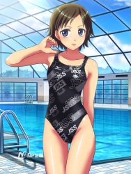 Rule 34 | 1girl, brown hair, competition swimsuit, highleg, highleg swimsuit, mizuno (brand), one-piece swimsuit, pool, swimsuit