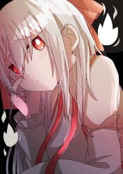 Rule 34 | 1girl, black background, blush, bow, bright pupils, close-up, collared shirt, commentary, expressionless, fire, frilled sleeves, frills, fujiwara no mokou, grey hair, hair between eyes, hair bow, hair over shoulder, hand on own cheek, hand on own face, head tilt, highres, imperishable night, long bangs, long hair, long sleeves, looking at viewer, red bow, red eyes, shirt, sidelighting, sidelocks, sleeve garter, slouching, solo, suspenders, touhou, upper body, white fire, white pupils, white shirt, yuzupon (yuzuponpon)