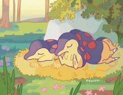Rule 34 | artist name, closed eyes, creatures (company), cyndaquil, forest, game freak, gen 2 pokemon, grass, lying, nature, nintendo, on side, outdoors, pegushi, plant, pokemon, pokemon (creature), rock, sitting, sleeping, sleeping upright