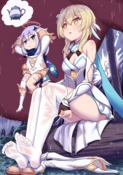Rule 34 | 2girls, bare shoulders, blonde hair, blue eyes, blush, boots, unworn boots, daidailong, dress, feet, foot focus, full body, genshin impact, grass, hair ornament, half-closed eyes, halo, highres, lightning, lightning bolt symbol, log, lumine (genshin impact), multiple girls, no shoes, open mouth, outdoors, paimon (genshin impact), rain, sitting, soles, teapot, thighhighs, thought bubble, toes, white dress, white hair, white legwear