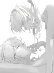 Rule 34 | 2girls, closed mouth, eye contact, finger in another&#039;s mouth, girl on top, greyscale, highres, himeko (honkai: star rail), honkai: star rail, honkai (series), kafka (honkai: star rail), ker0nit0, long hair, looking at another, lying, monochrome, multiple girls, nude, on back, ponytail, profile, smile, upper body, yuri