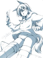 Rule 34 | 1girl, animal ears, blue theme, character name, eila ilmatar juutilainen, fang, female focus, holding, long hair, monochrome, open mouth, panties, paprika (artist), sketch, solo, star (symbol), strike witches, striker unit, tail, text focus, translated, underwear, world witches series