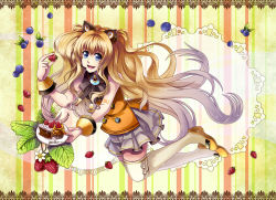 Rule 34 | 1girl, animal ears, bare shoulders, blonde hair, blue eyes, blueberry, bow, bracelet, cake, cat ears, cat girl, cupcake, female focus, food, fruit, full body, headset, jewelry, long hair, open mouth, plant, seeu, shoes, skirt, smile, solo, strawberry, thighhighs, very long hair, vocaloid, white thighhighs, zettai ryouiki