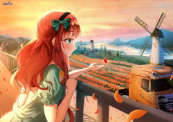 Rule 34 | 1girl, absurdres, black hairband, blunt bangs, braid, curly hair, de ruyter (kancolle), dress, evening, field, flower, flower field, fritz614, green dress, green eyes, hairband, highres, kantai collection, long hair, motor vehicle, outdoors, petals, red hair, river, short sleeves, side braid, smile, solo, truck, upper body, windmill