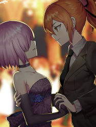 Rule 34 | 2girls, absurdres, arm around back, artist name, backless dress, backless outfit, black dress, black necktie, black ribbon, blurry, blurry background, closed mouth, dated, depth of field, dress, elbow gloves, eye contact, fate (series), formal, from side, fujimaru ritsuka (female), fujimaru ritsuka (female) (royal brand), gloves, hair between eyes, hair over one eye, hair ribbon, highres, interlocked fingers, looking at another, makise minami, mash kyrielight, multiple girls, necktie, orange hair, parted lips, ponytail, profile, purple dress, purple hair, ribbon, sidelocks, signature, smile, suit, yellow eyes, yuri