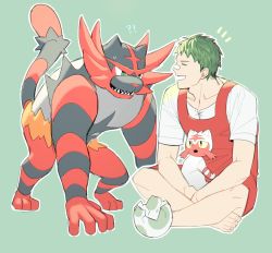 Rule 34 | !?, 1boy, absurdres, all fours, apron, bad id, bad twitter id, creatures (company), egg, game freak, gen 7 pokemon, green background, green hair, highres, incineroar, indian style, litten, male focus, nintendo, npc trainer, nywlub (bulwyn), pokemon, pokemon (creature), pokemon breeder (pokemon), pokemon oras, pokemon sm, simple background, sitting, smile