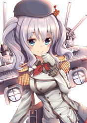 Rule 34 | 10s, 1girl, absurdres, blue eyes, breasts, female focus, gloves, hachiroku (hatirokusann86), hat, highres, kantai collection, kashima (kancolle), large breasts, long hair, machinery, military, military uniform, silver hair, smile, solo, twintails, uniform, wavy hair