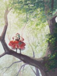 Rule 34 | 1girl, black footwear, boots, commentary, front ponytail, full body, ge dazuo, green hair, hair ribbon, highres, kagiyama hina, red ribbon, red skirt, ribbon, short sleeves, skirt, standing, standing on branch, symbol-only commentary, touhou, tree, wide shot