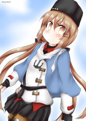 Rule 34 | 1girl, anchor necklace, belt, black belt, black bow, black gloves, black hat, black skirt, blouse, blue background, blue shawl, bow, brown eyes, brown hair, brown pantyhose, commentary request, cowboy shot, fingerless gloves, fur hat, gloves, hair bow, hat, jacket, jewelry, kantai collection, long hair, looking at viewer, low twintails, necklace, one-hour drawing challenge, ouno (nounai disintegration), pantyhose, papakha, red shirt, scarf, shawl, shirt, skirt, solo, tashkent (kancolle), torn clothes, torn scarf, twintails, twitter username, untucked shirt, white jacket, white scarf