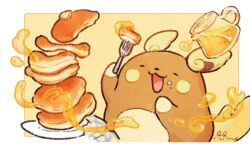 Rule 34 | :3, alolan form, alolan raichu, animal focus, arms up, butter, closed eyes, creatures (company), drawingnaho, eating, floating, floating object, food, food on face, fork, game freak, gen 7 pokemon, happy, holding, holding fork, honey, korean commentary, nintendo, no humans, open mouth, outside border, pancake, pancake stack, plate, pokemon, pouring, signature, solo, yellow background, yellow theme