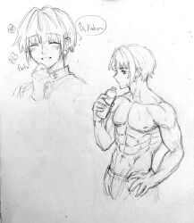 Rule 34 | 1boy, ^ ^, abs, blush, bottle, closed eyes, cropped legs, flower (symbol), gakuran, genderswap, genderswap (ftm), graphite (medium), greyscale, grin, hand on own hip, highres, holding, holding bottle, link! like! love live!, love live!, male focus, monochrome, multiple views, otomune kozue, pants, pectorals, plastic bottle, profile, school uniform, short hair, sidelocks, sketch, smile, sweat, toned, toned male, topless male, traditional media, very short hair, virtual youtuber, water bottle, zenma trang