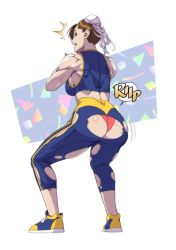 Rule 34 | 1girl, ass, breasts, brown hair, capcom, chun-li, highres, isura eru, looking back, muscular, muscular female, panties, pants, pink panties, shirt, shoes, sideboob, street fighter, tight clothes, tight pants, tight shirt, torn clothes, underwear