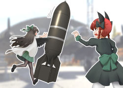 Rule 34 | &gt; &lt;, 2girls, :d, > <, absurdres, animal ear fluff, animal ears, back bow, bird wings, black bow, black footwear, black hair, black legwear, black wings, blurry, blurry background, bomb, bow, braid, cape, cat ears, cowboy shot, dress, explosive, extra ears, feathered wings, from behind, full body, green bow, green dress, hair bow, highres, ju87r (tvp1178), juliet sleeves, kaenbyou rin, little boy (nuclear bomb), long hair, long sleeves, looking at another, multiple girls, nuclear weapon, open mouth, outline, outstretched arms, pantyhose, pleated skirt, pointy ears, profile, puffy short sleeves, puffy sleeves, pushing, red eyes, red hair, reiuji utsuho, sanpaku, short sleeves, sideways mouth, skirt, smile, teeth, touhou, twin braids, twintails, upper teeth only, very long hair, weapon of mass destruction, white cape, white legwear, white outline, wings, xd