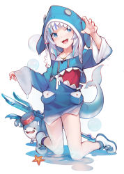 Rule 34 | 1girl, :d, absurdres, animal costume, animal hood, ataruman, bloop (gawr gura), blue eyes, blue hair, bubble, claw pose, commentary request, fins, fish tail, gawr gura, gawr gura (1st costume), hand up, highres, hololive, hololive english, hood, hood up, kneeling, long sleeves, looking at viewer, mixed-language commentary, multicolored hair, open mouth, polearm, pouch, shark costume, shark hood, shark tail, sharp teeth, simple background, sleeves past wrists, smile, solo, starfish, streaked hair, tail, teeth, trident, two-tone hair, virtual youtuber, weapon, white background, white hair, wide sleeves