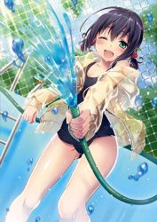 Rule 34 | 1girl, ;d, black hair, blush, chain-link fence, day, dutch angle, empty pool, fence, green eyes, hair bobbles, hair ornament, hose, jacket, off shoulder, old school swimsuit, one-piece swimsuit, one eye closed, open mouth, outdoors, pool, riichu, school swimsuit, see-through, short twintails, smile, solo, swimsuit, twintails, water, wet