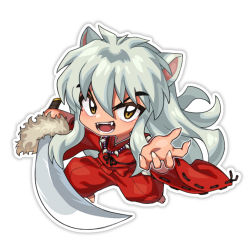 Rule 34 | 1boy, animal ears, chibi, fangs, fingernails, fox ears, fur trim, grey background, grey hair, hair between eyes, holding, holding sword, holding weapon, inuue kiyu, inuyasha, inuyasha (character), japanese clothes, jewelry, long fingernails, long hair, long sleeves, magatama, magatama necklace, male focus, necklace, open mouth, outline, sharp fingernails, simple background, smile, solo, sword, teeth, tongue, weapon, white outline, wide sleeves, yellow eyes