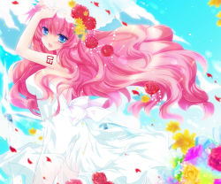 Rule 34 | 1girl, :d, alternate costume, blue eyes, blush, cloud, day, dress, female focus, floating hair, flower, formal, from side, hair flower, hair ornament, ichiyou moka, legs, long dress, long hair, looking at viewer, looking to the side, megurine luka, open mouth, outdoors, pink hair, red flower, red rose, rose, see-through, sky, smile, solo, standing, tattoo, very long hair, vocaloid, wavy hair, white dress, wind turbine, windmill, yellow flower, yellow rose