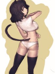 Rule 34 | 1girl, animal ears, ass, black hair, black thighhighs, breasts, brown eyes, brown hair, cat ears, cat tail, from behind, fumio (rsqkr), grey eyes, looking back, short hair, sketch, solo, tail, thighhighs, underboob