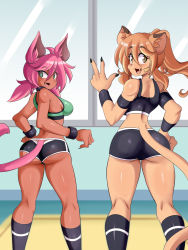 Rule 34 | 2girls, :3, absurdres, animal ears, ass, bare legs, breasts, cat ears, cat tail, cleavage, curvy, dark-skinned female, dark skin, fang, full body, furry, goya (lucyfer), hand on own hip, highres, huge ass, large breasts, long hair, looking at viewer, low twintails, lucyfer, multiple girls, navel, nikki (kevin ku), open mouth, original, pink hair, ponytail, shiny clothes, short shorts, shorts, simple background, smile, sportswear, tail, twintails, v, wide hips