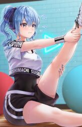 Rule 34 | 1girl, absurdres, ball, black shorts, blue hair, blue nails, breasts, brick wall, character name, clenched teeth, commentary request, copyright name, crop top, exercise ball, flying sweatdrops, grey eyes, hair between eyes, hair ribbon, highres, hololive, hololive dance practice uniform, hoshimachi suisei, leotard, leotard under clothes, nail polish, official alternate costume, on ground, ponytail, ribbon, shirt, shorts, sidelocks, sitting, small breasts, solo, stretching, sweat, teeth, thighs, virtual youtuber, wajuniorbox, white background, white shirt, wooden floor
