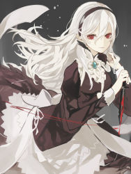 Rule 34 | 1girl, blood, corrin (female) (fire emblem), corrin (fire emblem), cosplay, dress, felicia (fire emblem), felicia (fire emblem) (cosplay), fire emblem, fire emblem fates, hairband, knife, long hair, looking at viewer, maid, maid headdress, nintendo, pointy ears, red eyes, smile, solo, vampire (game), weapon, white hair, yomogi-65