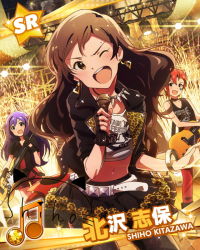 Rule 34 | 10s, 3girls, beamed quavers, blue eyes, bracelet, brown eyes, brown hair, card (medium), character name, character signature, earrings, english text, female focus, fingerless gloves, gloves, guitar, guitar case, idolmaster, idolmaster million live!, instrument, instrument case, jacket, jewelry, julia (idolmaster), kawakami tetsuya, kitazawa shiho, leather, leather jacket, looking at viewer, mochizuki anna, multiple girls, musical note, official art, one eye closed, open mouth, pantyhose, red hair, short hair, signature