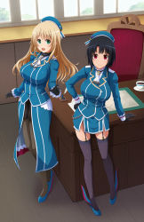 Rule 34 | 2girls, :d, aqua eyes, ascot, atago (kancolle), beret, black gloves, black hair, black legwear, black skirt, blonde hair, blue skirt, breasts, buttons, closed mouth, cup, day, desk, downscaled, frilled gloves, frills, full body, garter straps, gloves, gold trim, hand on own hip, hat, highres, impossible clothes, impossible jacket, indoors, ishida seito, jacket, kantai collection, large breasts, layered sleeves, long hair, long sleeves, looking at viewer, military, military uniform, multiple girls, open mouth, pantyhose, pen, pleated skirt, pointing, pointing at viewer, red eyes, resized, saucer, shoes, short hair, skirt, smile, split mouth, standing, takao (kancolle), thighhighs, uniform, white ascot, window