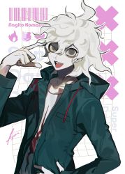 Rule 34 | 1boy, @ @, absurdres, barcode, blue coat, btmr game, character name, coat, commentary, copyright name, danganronpa (series), danganronpa 2: goodbye despair, finger to head, grey eyes, hand on own hip, heart, highres, hood, hood down, hooded coat, komaeda nagito, long sleeves, looking at viewer, male focus, messy hair, open mouth, pale skin, shirt, signature, simple background, solo, symbol-only commentary, upper body, white hair