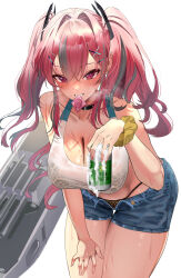 Rule 34 | 1girl, absurdres, azur lane, blue shorts, blush, breasts, bremerton (azur lane), can, cleavage, collarbone, commentary, condom, condom wrapper, english commentary, grin, hair between eyes, hair intakes, hair ornament, highres, holding, holding can, holding condom, large breasts, looking at viewer, multicolored hair, panty straps, red eyes, red hair, rossy (yowayowachimpo), shorts, simple background, smile, solo, tank top, teeth, thighs, twintails, two-tone hair, white background, white tank top