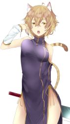 Rule 34 | 1girl, animal ears, arm warmers, bare shoulders, blonde hair, breasts, cat ears, cat tail, character request, china dress, chinese clothes, colored eyelashes, copyright request, detached sleeves, dress, hair between eyes, highres, jitome, looking at viewer, onineko-chan, open mouth, short eyebrows, short hair, side slit, solo, tail, yellow eyes