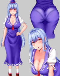 Rule 34 | 1girl, aqua hair, ascot, ass, blue dress, blush, breasts, cleavage, collarbone, commentary request, dress, full body, hat, highres, kamishirasawa keine, large breasts, leaning forward, looking at viewer, mimasi osuwari, multiple views, open mouth, pantylines, puffy short sleeves, puffy sleeves, shoes, short sleeves, smile, socks, touhou, wide hips