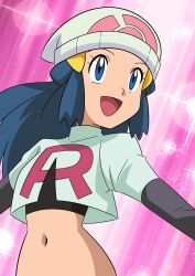 Rule 34 | 1girl, :d, absurdres, beanie, blue eyes, blue hair, cosplay, creatures (company), dawn (pokemon), game freak, hainchu, hat, highres, jessie (pokemon), jessie (pokemon) (cosplay), long hair, navel, nintendo, open mouth, pokemon, pokemon (anime), pokemon dppt (anime), smile, solo, team rocket, team rocket uniform