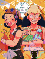 Rule 34 | 1boy, birthday, black hair, doll, gift, goggles, grin, happy, hat, highres, laughing, long nose, one piece, open mouth, overalls, smile, usopp