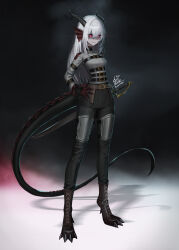 Rule 34 | 1girl, absurdres, artist name, belt, black background, black horns, breasts, colored skin, commission, dragon girl, dragon tail, fantasy, full body, grey shirt, grey skin, hand on own hip, highres, horns, ikasamahideo, long sleeves, looking at viewer, monster girl, multiple belts, original, pixiv commission, red eyes, sheath, sheathed, shirt, small breasts, standing, sword, tail, weapon, white hair