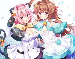 Rule 34 | 2girls, :3, :q, ahoge, animal ears, animal hands, animal print, bad id, bad pixiv id, bear ears, bear print, bear tail, black gloves, black legwear, bow, breasts, brown hair, buttons, cat ears, cat paws, cat tail, cleavage, cloak, closed mouth, commentary request, dress, fang, gloves, hair between eyes, hair intakes, hair ribbon, kantai collection, kuma (kancolle), large breasts, long hair, long sleeves, looking at viewer, masayo (gin no ame), multiple girls, open mouth, orange bow, orange ribbon, pantyhose, pink hair, pocket, purple eyes, red ribbon, ribbon, short hair, small breasts, smile, snowflakes, tail, tail ornament, tail ribbon, tama (kancolle), tongue, tongue out, v, white dress