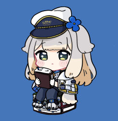 Rule 34 | 1girl, :&lt;, black pants, blue background, blue flower, blush stickers, book, book stack, bookmark, brown eyes, capelet, chibi, closed mouth, commentary, flower, full body, gloves, green eyes, grey footwear, grey hair, hair flower, hair ornament, hat, highres, holding, holding book, long hair, looking at viewer, multicolored hair, nijisanji, nozo (hitomiz), pants, paw shoes, peaked cap, shioriha ruri, shirt, shoes, simple background, sitting, solo, two-tone hair, very long hair, virtual youtuber, white capelet, white gloves, white hat, white shirt