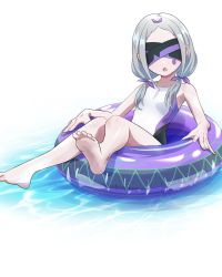 Rule 34 | 1girl, :o, afloat, barefoot, blindfold, breasts, camui1104, child, daphne (re:zero), feet, female focus, grey hair, highres, inflatable toy, innertube, long hair, low twintails, na-suke, one-piece swimsuit, open mouth, pig tail, pool, re:zero kara hajimeru isekai seikatsu, simple background, small breasts, soles, solo, swim ring, swimsuit, tail, toes, twintails, water, white background