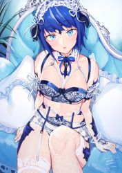 Rule 34 | 1girl, :o, absurdres, arm cuffs, arm ribbon, arm support, au ra, warrior of light (ff14), blue bow, blue bra, blue eyes, blue hair, blue horns, blue panties, blue ribbon, blush, bow, bow bra, bra, breasts, breasts apart, bustier, commentary, commission, couch, cowboy shot, detached collar, dragon girl, dragon horns, dutch angle, english commentary, eyelashes, facial mark, fictional persona, final fantasy, final fantasy xiv, fishnet armwear, fishnet gloves, fishnet thighhighs, fishnets, frilled hairband, frilled pillow, frills, garter belt, gloves, hairband, headdress, highres, horns, indoors, lace, lace-trimmed bra, lace trim, leg up, lingerie, looking at viewer, maid headdress, medium breasts, midriff, mixed-language commentary, neck ribbon, panties, pillow, plant, ribbon, scales, short hair, signature, sitting, solo, swept bangs, thighhighs, underwear, underwear only, uni (melm), white ribbon, white thighhighs