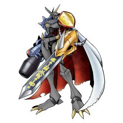 Rule 34 | beta design, cannon, cape, claws, digimon, digimon (creature), digimon xros wars, looking to the side, omegamon zwart, solo, sword, weapon