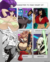 Rule 34 | 2boys, 4girls, animal ears, baiken, bare shoulders, big hair, black legwear, boku no hero academia, bouncing breasts, breasts, cadillacs and dinosaurs, capcom, carmessi, cell, cleavage, colored sclera, covered erect nipples, covered navel, cyborg, dark skin, dual wielding, eiken, energy sword, eyepatch, facial mark, facial tattoo, fur trim, general grievous, gigantic breasts, gloves, grin, guilty gear, hannah dundee, highleg, highleg leotard, highres, holding, huge breasts, japanese clothes, kimono, large breasts, leotard, lightsaber, lips, long hair, looking at another, looking at viewer, mirko, misono kirika, monochrome, multiple boys, multiple drawing challenge, multiple girls, muscular, muscular female, navel, no bra, obi, one-eyed, one breast out, open clothes, open kimono, osmosis jones, osmosis jones (character), pink eyes, pink hair, purple hair, rabbit ears, rabbit girl, rabbit tail, rope, samurai, sash, shimenawa, shiny skin, six fanarts challenge, slit pupils, smile, star wars, sword, tail, tattoo, thighhighs, thighs, towel, upper body, very long hair, weapon, white gloves, white hair, white leotard, yellow sclera