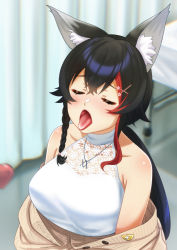 Rule 34 | 1girl, animal ears, bare shoulders, black hair, blush, braid, breasts, cardigan, closed eyes, hair ornament, highres, hololive, jewelry, long hair, necklace, off shoulder, ookami mio, ookami mio (street), penis, red hair, tongue, tongue out, virtual youtuber, wolf ears, zabudog777