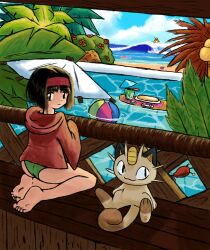 1girl ass barefoot beach bikini creatures_(company) erika_(pokemon) feet game_freak gen_1_pokemon gen_3_pokemon highres looking_back meowth nintendo pokemon pokemon_(creature) pokemon_rgby pool poolside raichu self-upload shellder skitty slowpoke soles swimsuit taking_shelter the_cal toes tropical