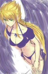 Rule 34 | 1girl, angel wings, blonde hair, breasts, breath of fire, breath of fire ii, capcom, cleavage, closed mouth, collarbone, feathered wings, gofelem, green eyes, long hair, looking at viewer, navel, nina (breath of fire ii), purple wings, simple background, solo, swimsuit, unfinished, white background, wings