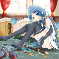 Rule 34 | 10s, 1girl, album cover, blue eyes, blue gloves, blue hair, blue thighhighs, cover, elbow gloves, flute, gloves, instrument, kantai collection, long hair, looking at viewer, personification, ponytail, recorder, samidare (kancolle), school uniform, serafuku, skirt, smile, solo, thighhighs, very long hair, waisshu (sougyokyuu), window, zettai ryouiki